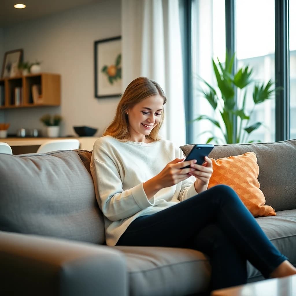 Renter using a phone on a sofa in a modern apartment